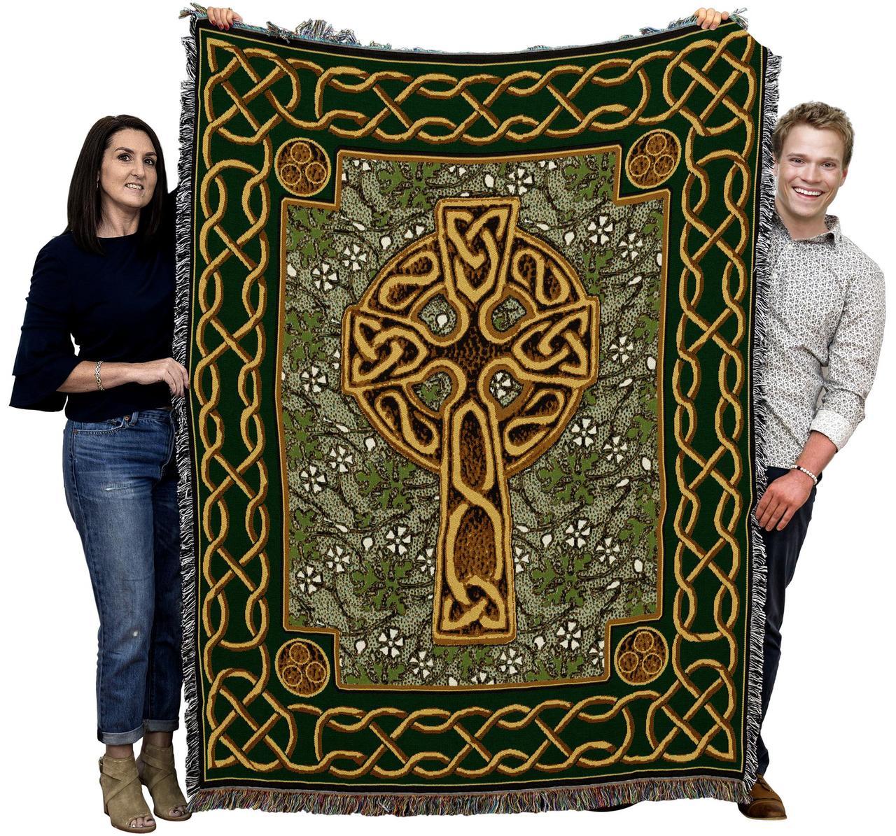Irish Celtic Cross Throw Blanket With Fringe - Image 3