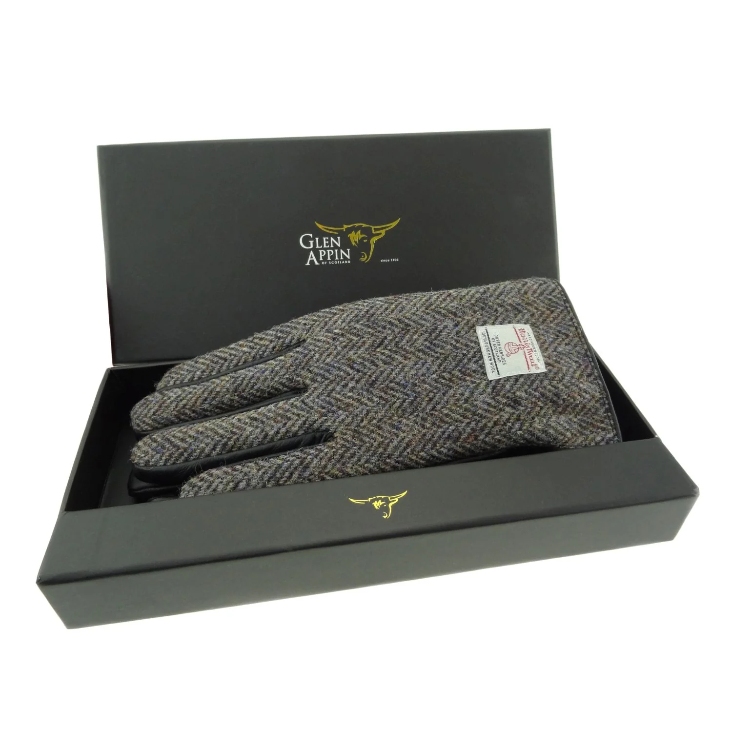 Mens Harris Tweed and Black Leather Gloves - Sold In Gift Box - Image 3